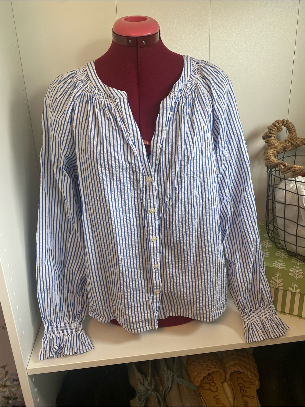 GAP Blue and White Striped Button-Front Blouse | 100% Cotton